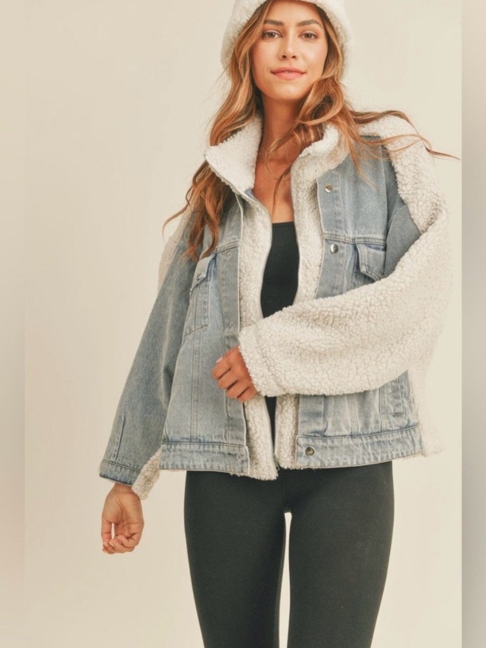 MABLE denim Sherpa jacket L large oversized jean coat EUC